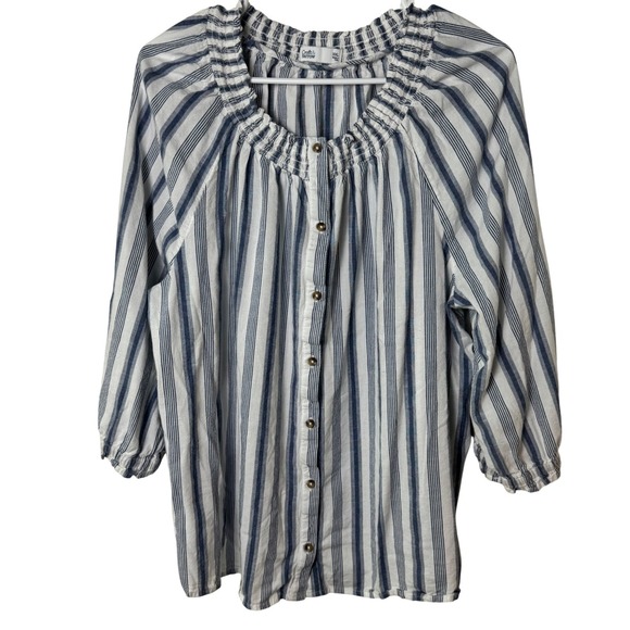 croft & barrow Tops - Croft & Barrow Blouse Women XXL Blue White Striped Smocked Button ‎ 3/4 Sleeve